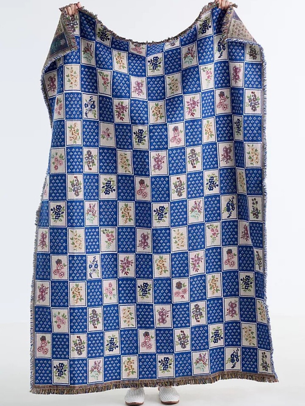 NWT Anthro Leiah Cotton Woven Floral Checkered Throw Blanket